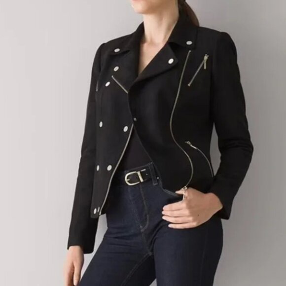 WHBM Faux Suede Vegan Moto Jacket Black with Gold Tone Zippers and Snaps Size 2 - Picture 1 of 16